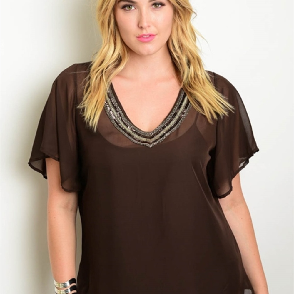 Plus Size Sheer short sleeve blouse,embellished